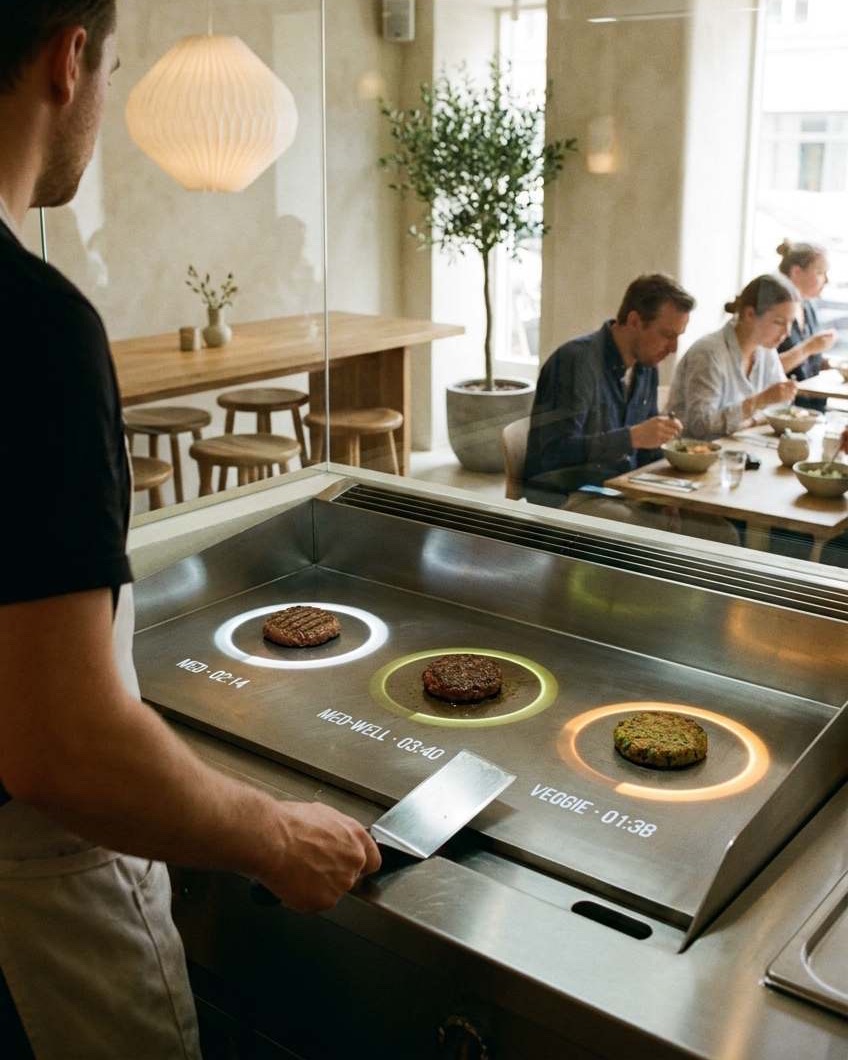 A cook at Flip’s grill: amber timing rings projected onto the griddle around each patty.