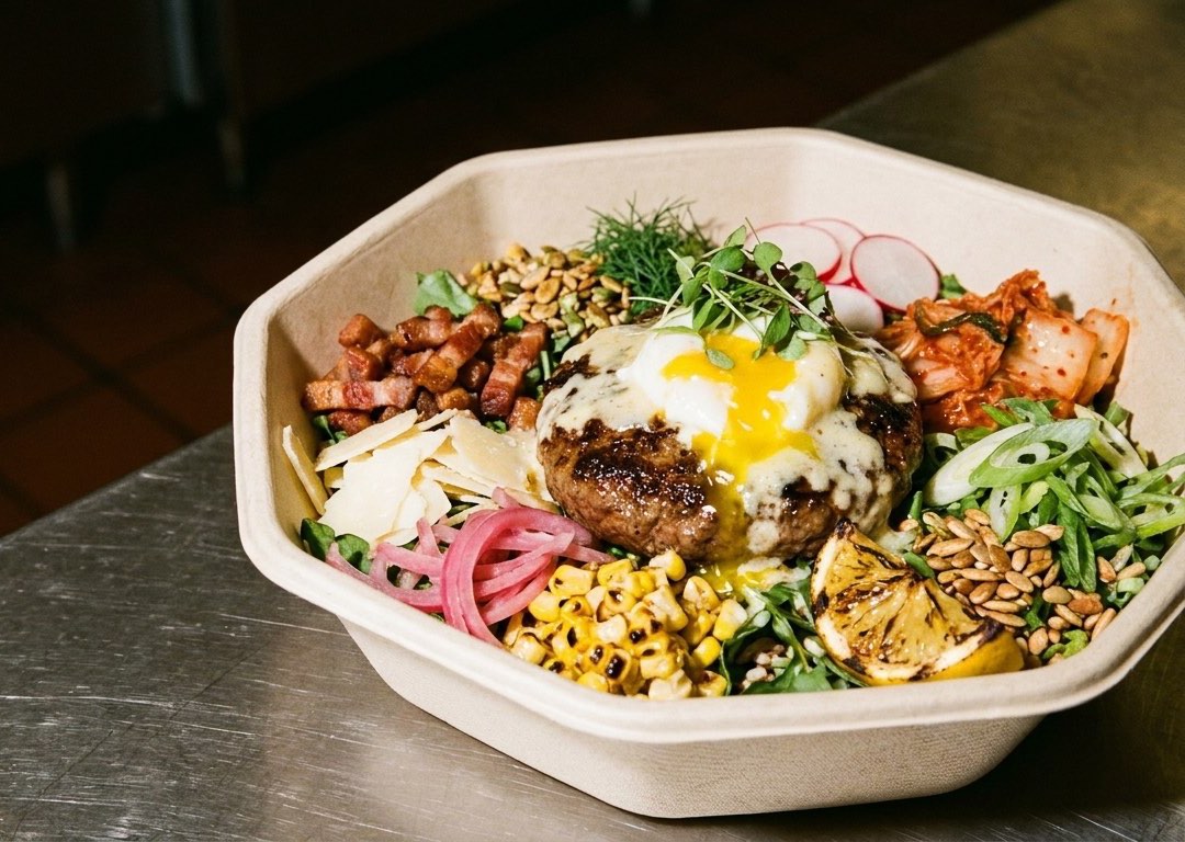 A Flip bowl: char-grilled patty with a soft egg, kimchi, shaved parmesan and greens in an octagonal kraft bowl.