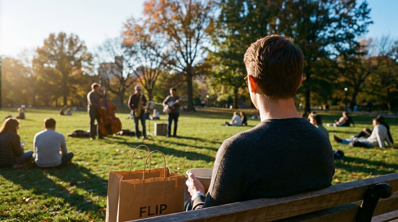 A sunny New York park: a man on a bench with a Flip paper bag while a band plays on the lawn.
