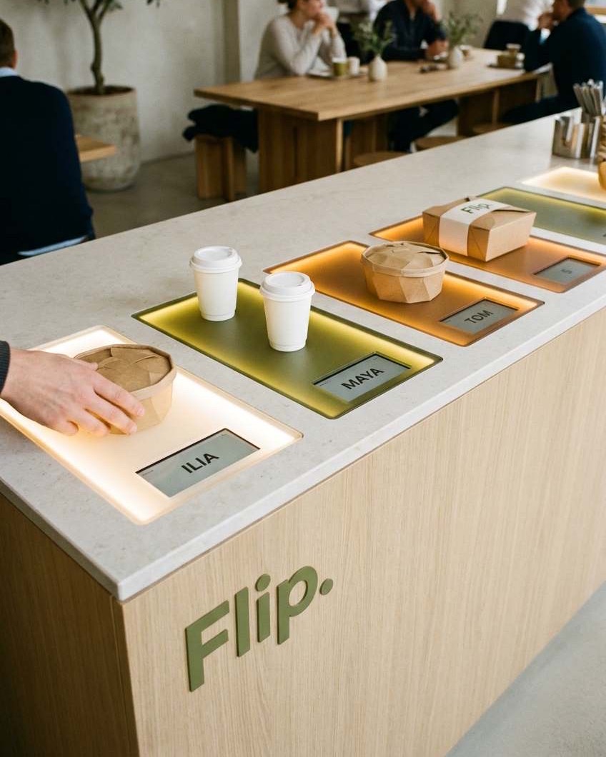 Flip’s pickup counter — a hand lifts a wrapped bowl from a lit spot labelled ILIA.